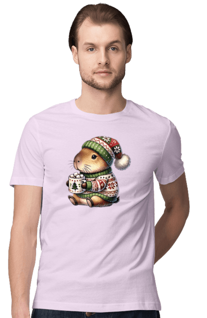 Men's t-shirt with prints Capybara with hot chocolate. Animal, capybara, christmas, christmas capybara, gift, holiday, hot chocolate, new year, santa. 2070702