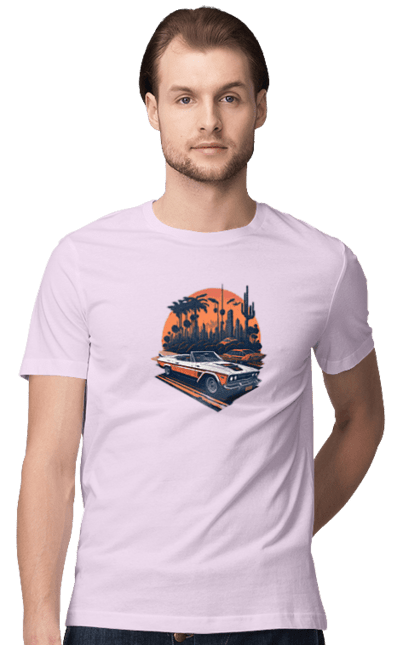 Футболка чоловіча з принтом "Гарне авто на закаті". Авто, закат, захід сонця, солнце, сонце. 2070702