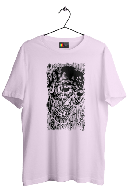 Men's t-shirt with prints Skull. Black and white, bones, eyes, scull, teeth, worms. 2070702