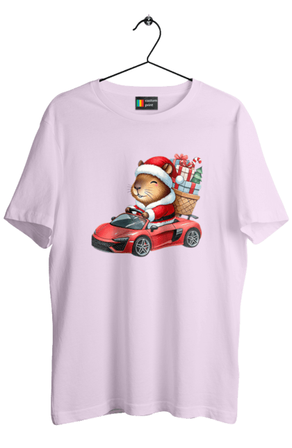 Men's t-shirt with prints Christmas Capybara with a Gift. Animal, capybara, car, christmas, christmas capybara, gift, holiday, new year, new year`s gift, santa. 2070702