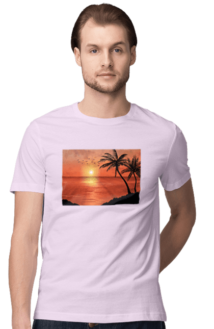 Футболка чоловіча з принтом "Захід Пальми Море". Берег, захід, море, пальми. 2070702