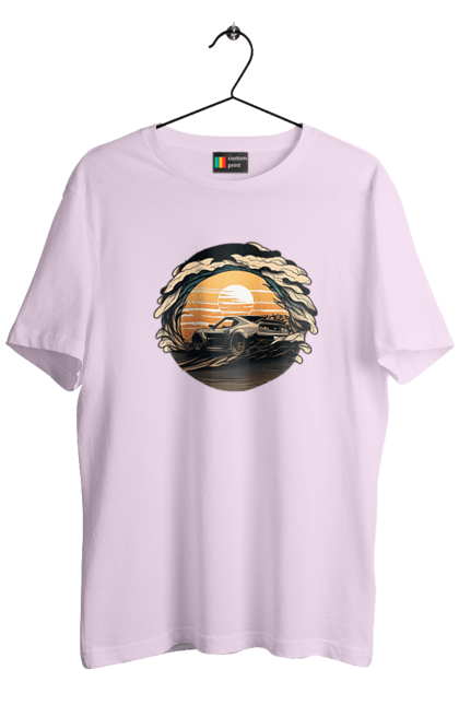 Футболка чоловіча з принтом "Додж на заході сонця". Авто, автомобіль, додж, машина, машини. 2070702