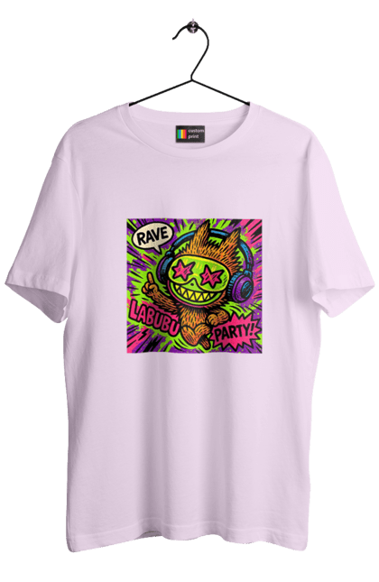 Футболка чоловіча з принтом "Лабубу". Вечірка, вуличне мистецтво, графіті, зоряніочі, коміксстиль, лабубу, навушники, неон, попарт, рейв. 2070702