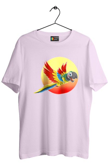 Футболка чоловіча з принтом "Папуга На Тлі Сонця". Ара, веселий, відпочинок, відпустка, диск, жарко, жовтий, коло, кольоровий, крила, літає, літо, папуга, папужка, пір`я, політ, помаранчевий, птах, різнокольоровий, сонце, сонячно, спека, тепло, тропіки, у польоті, червоний. 2070702