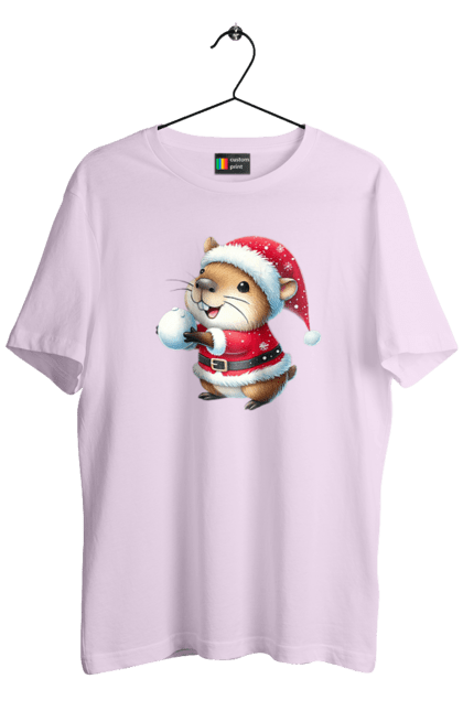 Men's t-shirt with prints Capybara playing snowballs. Animal, capybara, christmas, christmas capybara, game, gift, holiday, new year, santa, snowballs. 2070702