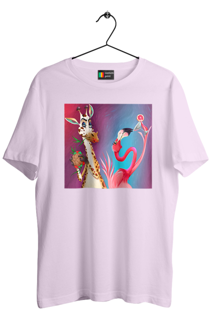 Футболка чоловіча з принтом "Жираф І Фламінго На Вечірці". Жираф, їжа, коктейль, фламінго. 2070702