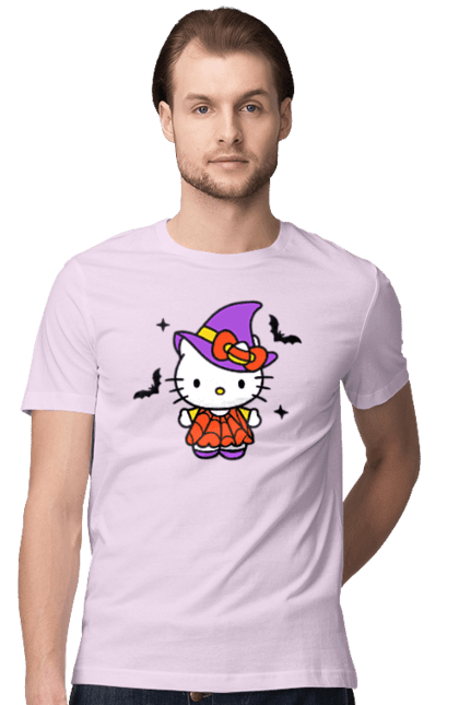 Men's t-shirt with prints Hello Kitty Halloween. Brand, cat, character, halloween, hello kitty, kitten, kitty, witch. 2070702