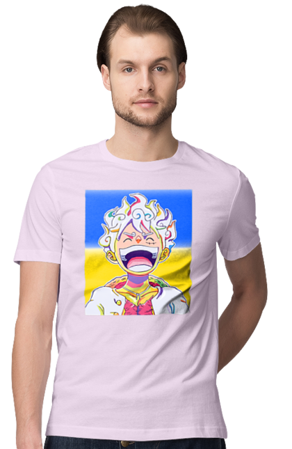 Футболка чоловіча з принтом "Монкі д Луффі сміється на жовто блактному фоні". Ван піс, луффі, монкі д. луффі, прапор україни, символ україни, україна. 2070702