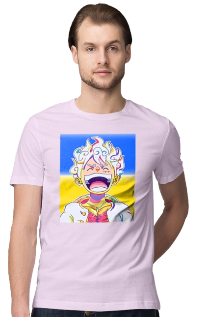 Монкі д Луффі сміється на жовто блактному фоні