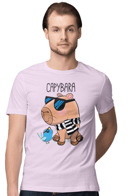 Футболка чоловіча з принтом "Стильна капібара". Капібара, модна капібара, настрій, окуляри, птах, сонячні окуляри, стильна капібара, тварина, шарф у смужку. 2070702