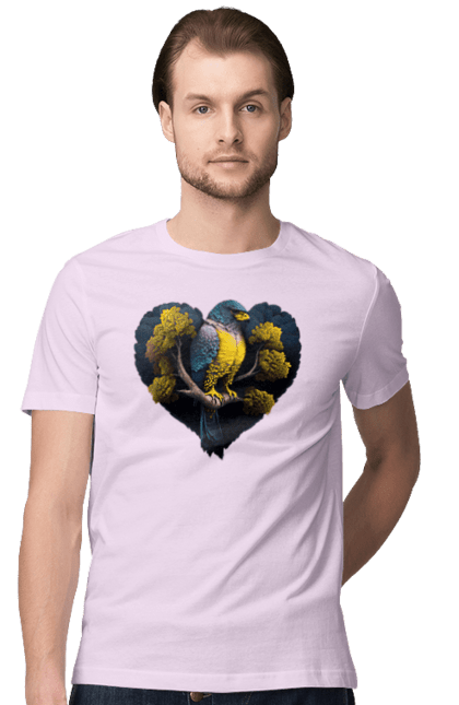 Men`s t-shirt with prints Blue and yellow falcon. Falcon, flag of ukraine, heart, symbol of ukraine, tree, ukraine. 2070702
