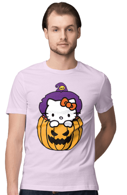 Футболка чоловіча з принтом "Хелло Кітті Хелловін". Halloween, hello kitty, witch, бренд, відьма, кіт, кошеня, персонаж, хелло кітті, хелловін. 2070702