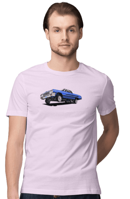 Футболка чоловіча з принтом "Автомобіль". Автомобіль, імпала, класика, лоурайдер, синій, шевроле. 2070702