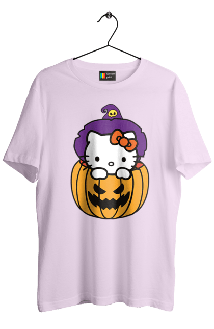 Футболка чоловіча з принтом "Хелло Кітті Хелловін". Halloween, hello kitty, witch, бренд, відьма, кіт, кошеня, персонаж, хелло кітті, хелловін. 2070702