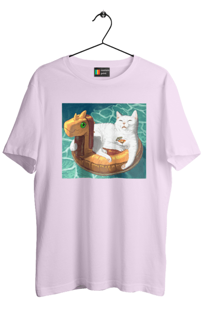 Футболка чоловіча з принтом "Білий кіт у плавальному колі, на відпочинку". Басейн, відпочинок, кіт, коктейль, море, плавальний круг. 2070702