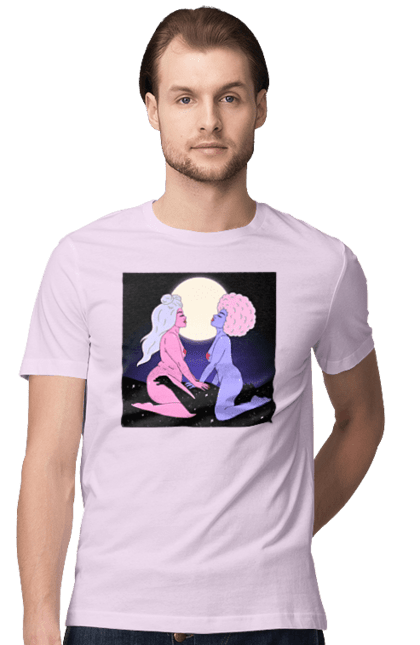 Футболка чоловіча з принтом "Дві Інопланетянки І Місяць". Дівчата, зверху, інопланетянки. 2070702