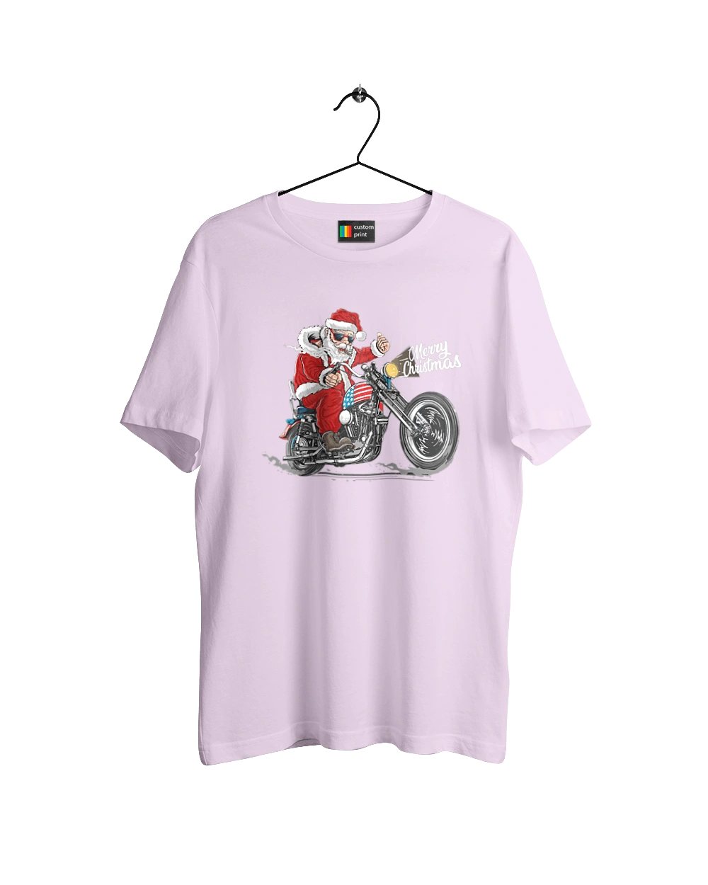 Santa in glasses on a motorcycle