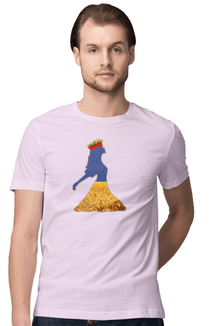 Men`s t-shirt with prints Ukraine. Girl, national colors, poppies, sky, wheat field, wreath, yellow blue. 2070702