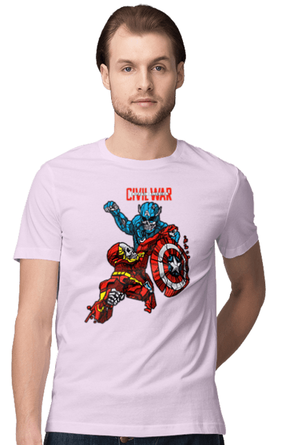 Men's t-shirt with prints Iron Man vs Captain America. Avengers, captain america, civil war, comic, comics, film, iron man, marvel, marvel comics, tony stark. 2070702