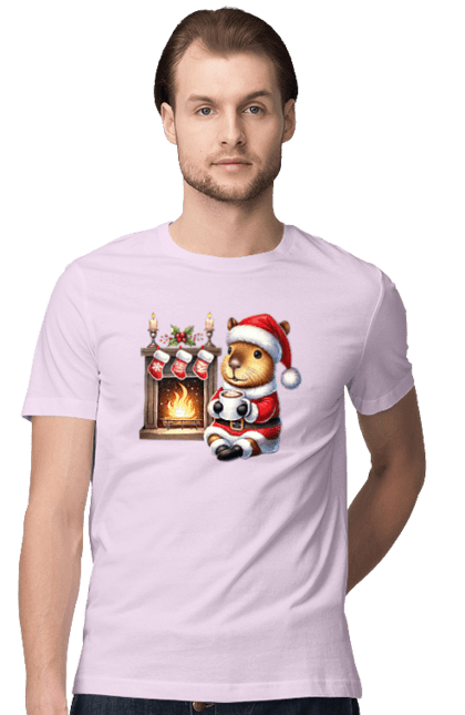 Men's t-shirt with prints Capybara by the fireplace with hot chocolate. Animal, capybara, christmas, christmas capybara, fireplace, gift, holiday, hot chocolate, new year, santa. 2070702