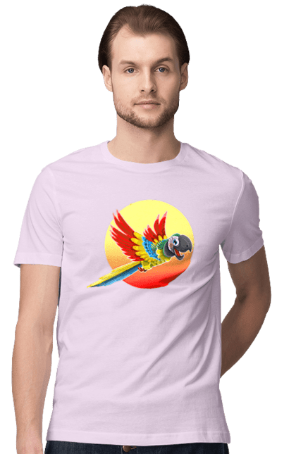 Футболка чоловіча з принтом "Папуга На Тлі Сонця". Ара, веселий, відпочинок, відпустка, диск, жарко, жовтий, коло, кольоровий, крила, літає, літо, папуга, папужка, пір`я, політ, помаранчевий, птах, різнокольоровий, сонце, сонячно, спека, тепло, тропіки, у польоті, червоний. 2070702