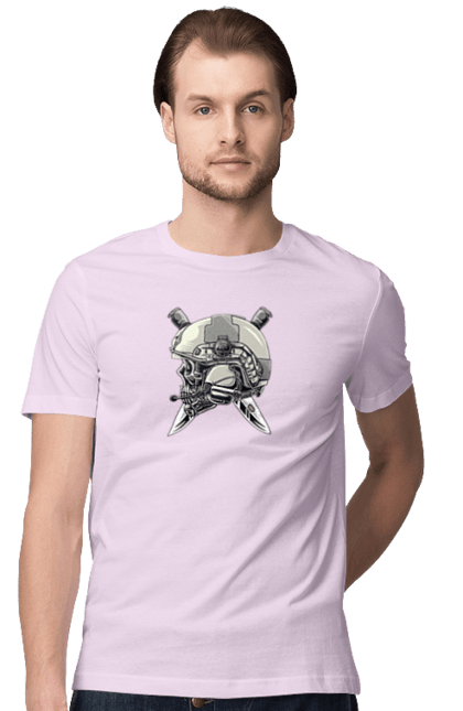Футболка чоловіча з принтом "Череп пілота". Військовий, захисник, ніж, пілот, череп, шолом. 2070702