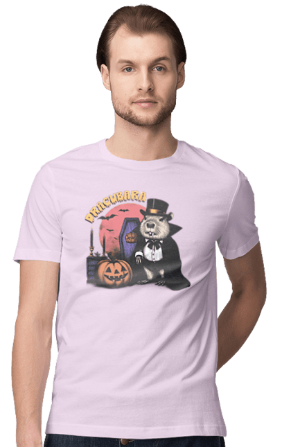 Men's t-shirt with prints Capybara Halloween. Animal, capybara, ghost, halloween, holiday, moon, pumpkin, rodent, vampire. 2070702