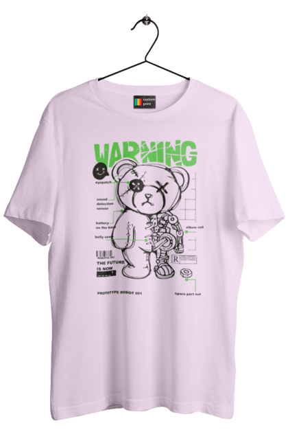 Men's t-shirt with prints Robot bear. Attention, bear, details, robot, toy, warning. 2070702