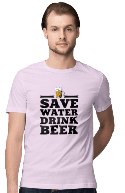 Футболка чоловіча з принтом "Бережи воду, пий пиво (чорна)". 18+, алкоголь, бар, гумор, любителям писа, меми, пиво, приколи, текст, чоловікам. 2070702