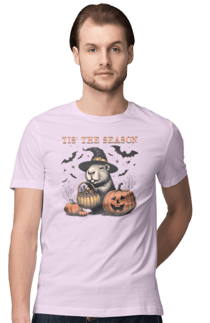 Men's t-shirt with prints Capybara Halloween. Animal, capybara, ghost, halloween, holiday, moon, pumpkin, rodent, witch. 2070702