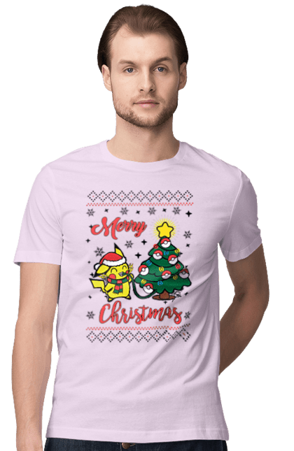 Men`s t-shirt with prints Pikachu Merry Christmas!. Anime, christmas, game, manga, merry christmas, nintendo, pikachu, pokemon. 2070702