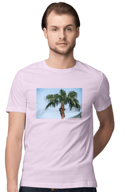 Футболка чоловіча з принтом "Пальма на тлі неба". Берег, блакитне, відпочинок, відпустку, єгипет, зелений, зелені, лист, листя, море, небо, оазис, океан, острів, пальма, південь, подорож, пригоди, тропіки, туреччина. 2070702