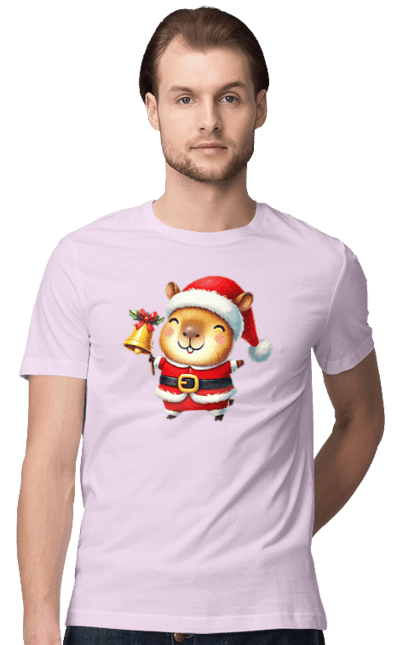 Men's t-shirt with prints Funny capybara with a bell. Animal, bell, capybara, christmas, christmas capybara, gift, holiday, new year, new year`s gift, santa. 2070702