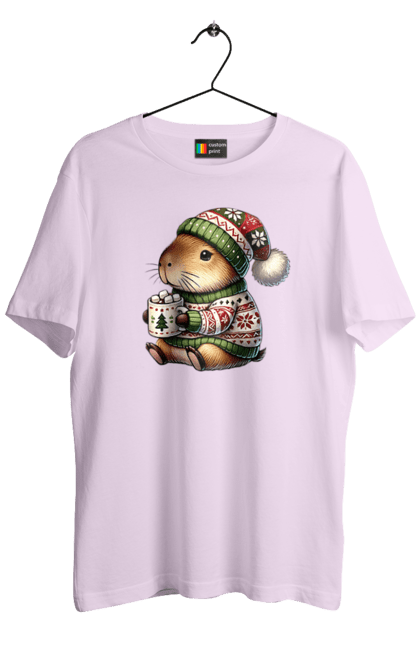 Men's t-shirt with prints Capybara with hot chocolate. Animal, capybara, christmas, christmas capybara, gift, holiday, hot chocolate, new year, santa. 2070702