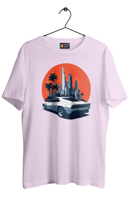 Футболка чоловіча з принтом "Авто". Гонка, захід сонця, спортивний автомобіль, швидкість. 2070702