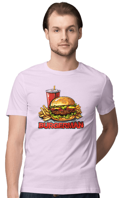 Футболка чоловіча з принтом "Burgerman". Бургер, для чоловіків, їжа, літні, макдональдс, прикольні, трендові, фаст фуд, чоловічі. 2070702