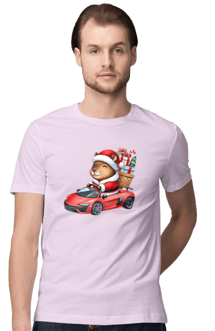 Men's t-shirt with prints Christmas Capybara with a Gift. Animal, capybara, car, christmas, christmas capybara, gift, holiday, new year, new year`s gift, santa. 2070702