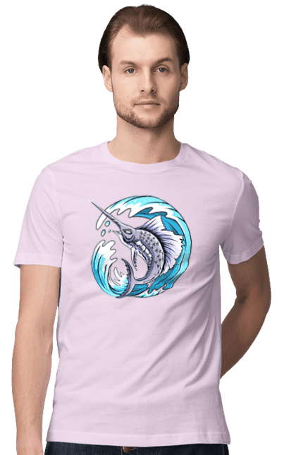 Men`s t-shirt with prints Fish Sword And Wave. Swordfish, wave. 2070702