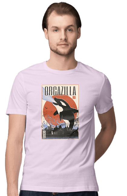 Men's t-shirt with prints Orcazilla. Cartoon style design, graphic, japan print, japanese, japanese art, japanese poster, japanese poster orca, ocean wildlife, orca, orcazilla. 2070702