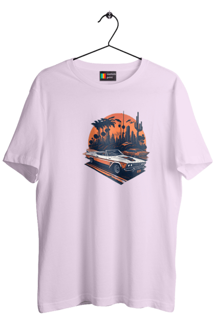 Футболка чоловіча з принтом "Гарне авто на закаті". Авто, закат, захід сонця, солнце, сонце. 2070702