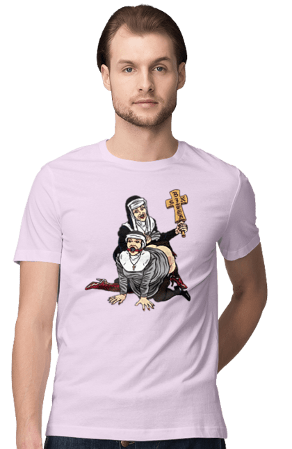 Футболка чоловіча з принтом "Монашки БДСМ". Бдсм, крута, модна, молодіжна, плескає по дупі, рок, рольові ігри, черниці бдсм, черницю, черниця. 2070702