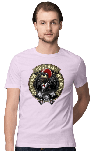 Футболка чоловіча з принтом "джентльменський мотоцикл". Джентельмен, джентльмен, мотоцикл, череп, шолом. 2070702