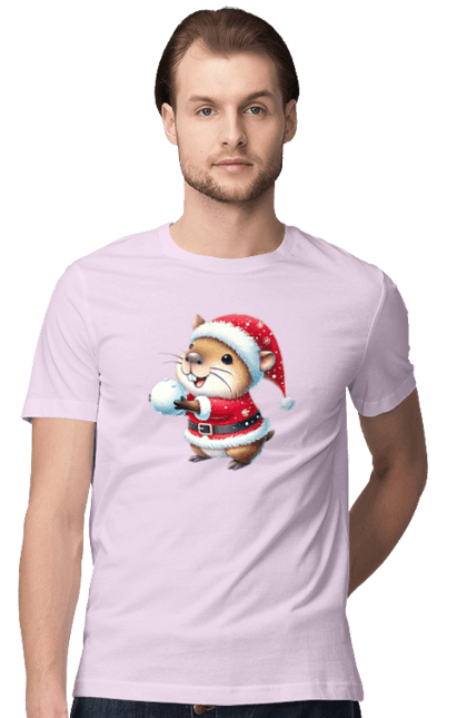 Men's t-shirt with prints Capybara playing snowballs. Animal, capybara, christmas, christmas capybara, game, gift, holiday, new year, santa, snowballs. 2070702