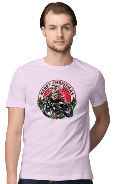 Футболка чоловіча з принтом "Щасливого Різдва, дід мороз на мотоциклі". 2022, дід мороз, зима, мотоцикл, новий рік, подарунки, різдво, санта, сніг. 2070702