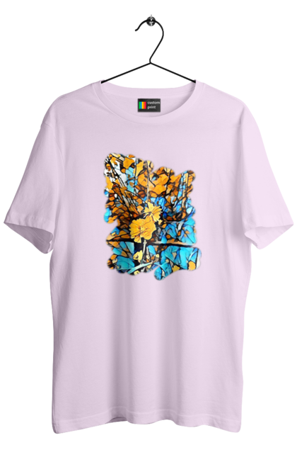 Футболка чоловіча з принтом "Жовті квіти на синьому фоні". Арт, жовтий та синій, жовті квіти, жовто-синій, квіти, малюнок, природа, синій та жовтий, синьо-жовтий. 2070702