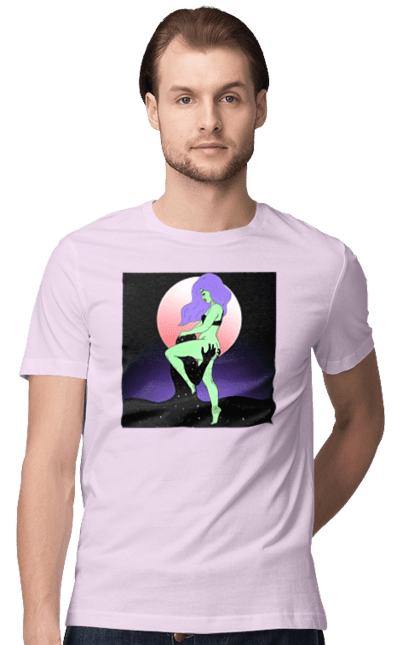 Футболка чоловіча з принтом "Зелена Дівчина І Місяць". Інопланетянка, місяць. 2070702