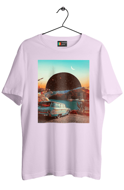 Футболка чоловіча з принтом "Картина, машина біля річки". Картина, машина, планета, прикол, ретро, річка. 2070702