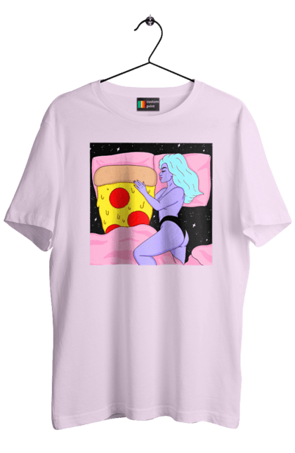 Men`s t-shirt with prints Purple Girl And Pizza. Bed, girl, pizza. 2070702