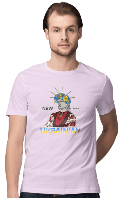 Men`s t-shirt with prints UA & NY. Embroidered shirt, new york, statue of liberty, ukraine, wreath. 2070702
