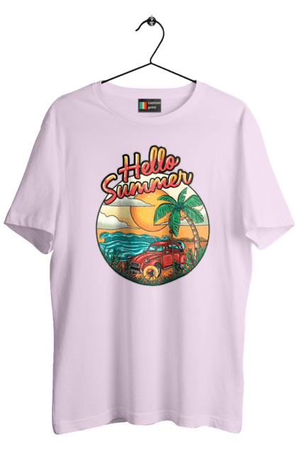 Футболка чоловіча з принтом "Привіт Літо, Машина Біля Моря". Літо, машина, острів, пальма, пляж. 2070702
